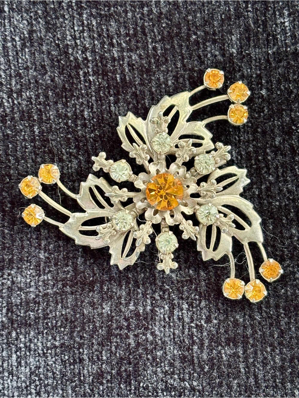 Vintage Silver-Tone Brooch with Amber and Clear Crystals - Unbranded